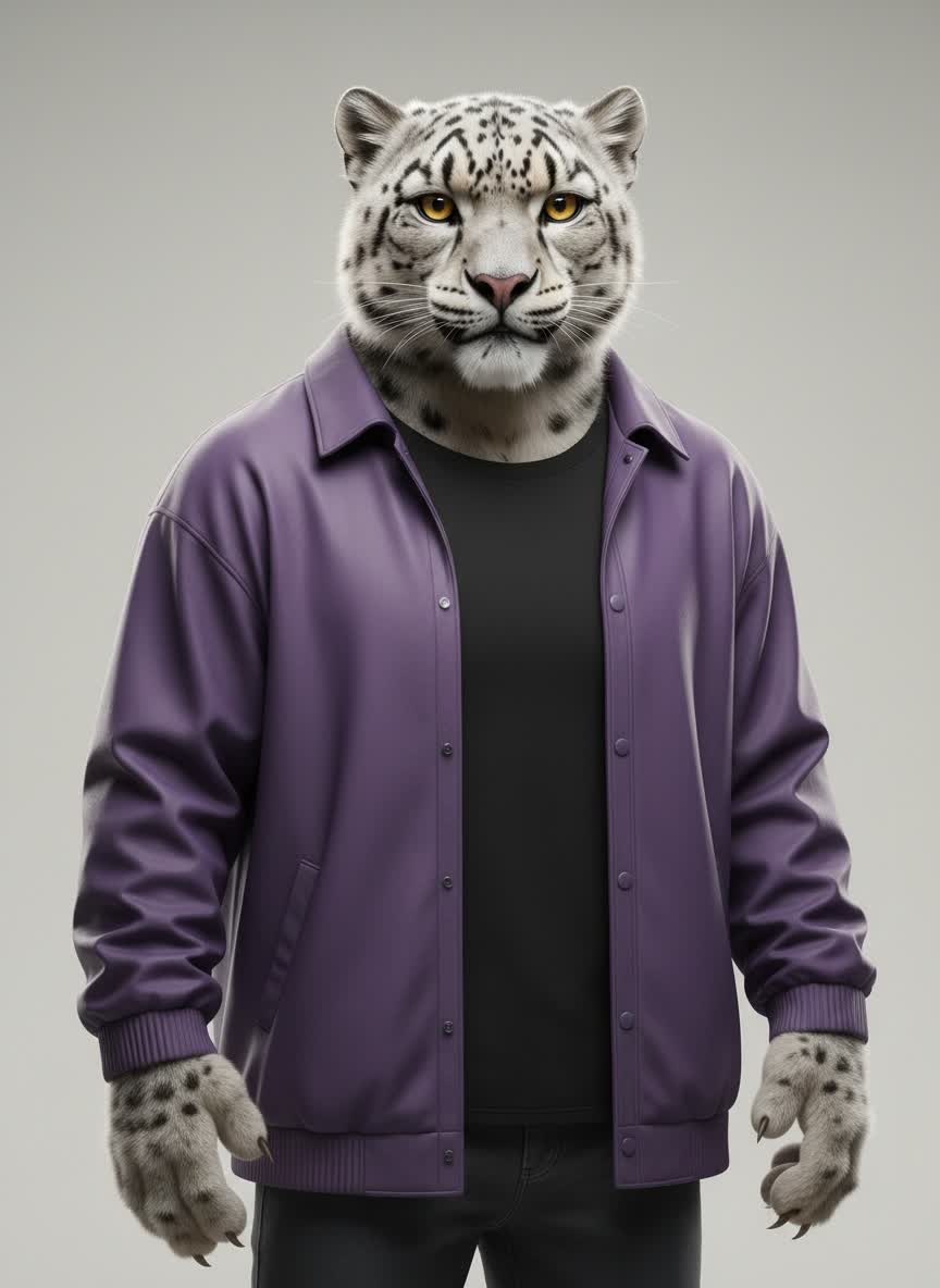 Original snow leopard character in a violet jacket